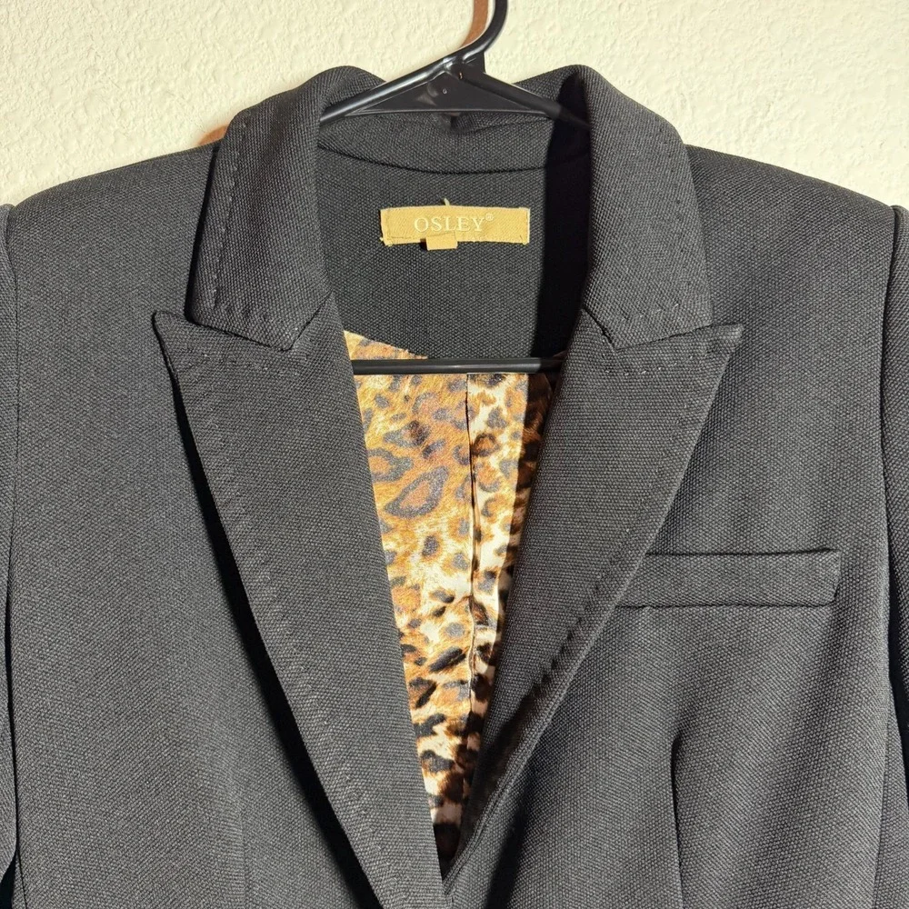 Osley Blazer Jacket Womens Black Inner Leopard Print Elbow Patches Peak Lapel - Picture 6 of 10